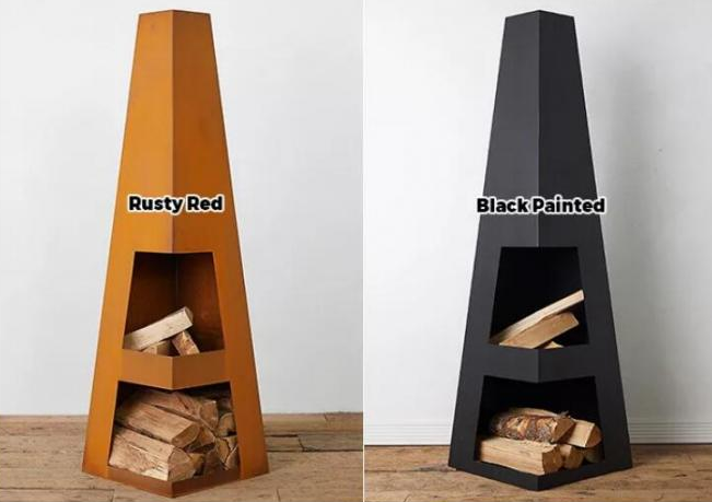 鋼鉄オベリスクのChimineaの屋外の火のピラミッドを風化させる木製の非常に熱い錆