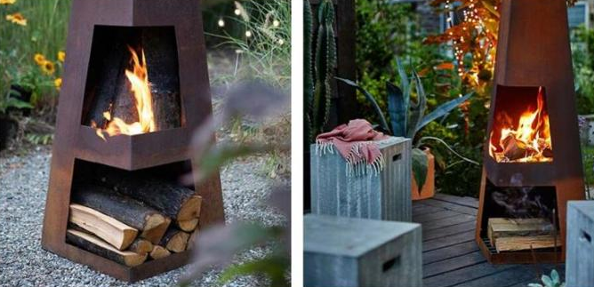 鋼鉄オベリスクのChimineaの屋外の火のピラミッドを風化させる木製の非常に熱い錆