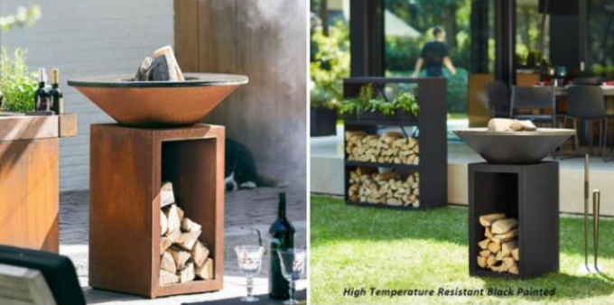 Cortenの鋼鉄火ピットBBQのグリルを燃やす屋外の調理木
