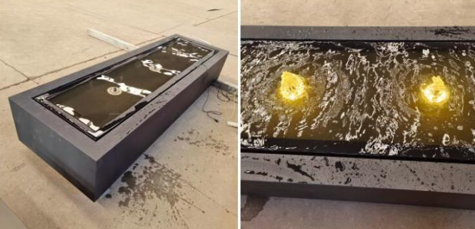 粉は黒い庭の金属の地下水位の穏やかな鋼鉄長方形水噴水に塗った
