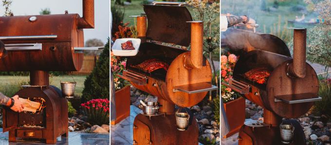 円のPlanchaのグリルの版が付いている驚かせる屋外BBQのテーブルの木炭喫煙者のバーベキューの火のグリルのCortenの鋼鉄BBQのテーブル